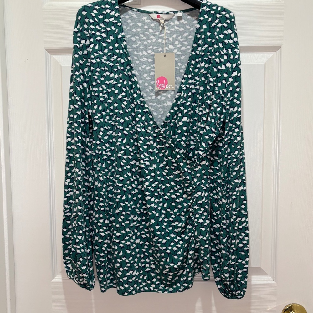 Boden Green Floral Wrap Blouse 12 NWT - Picture 3 of 16